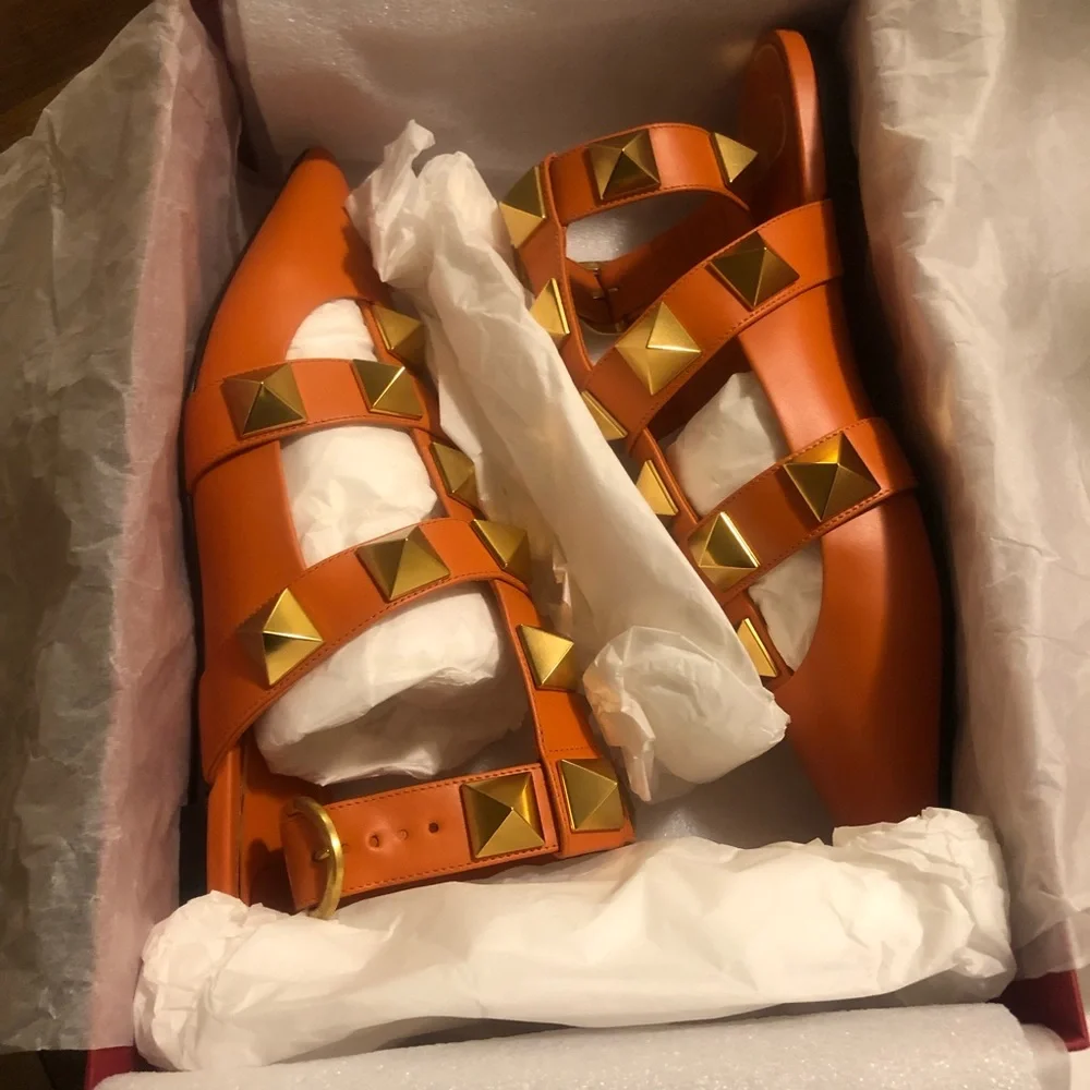 NIB $1100 VALENTINO Roman Stud Ankle-cuff Leather Ballerinas In Orange Zest 37.5